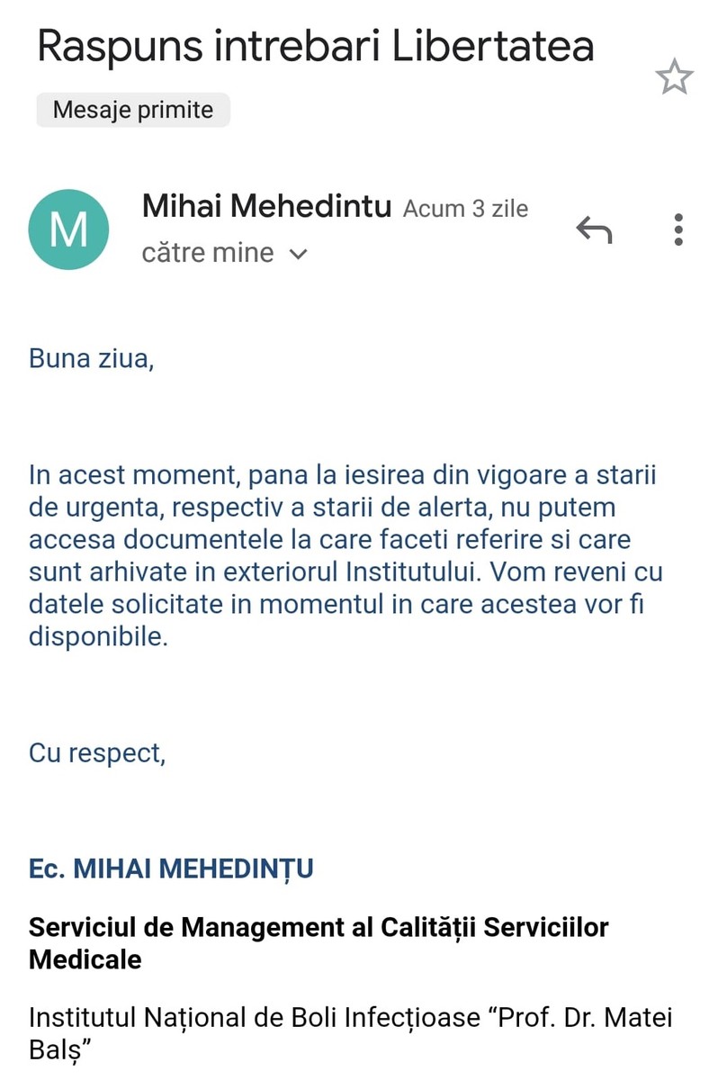 Răspunsul Institutului Matei Balș, semnat de Mihai Mehedințu