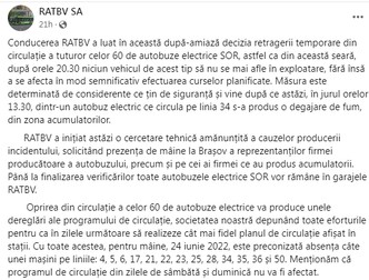Mesajul RAT Brașov, transmis joi, 23 iunie.