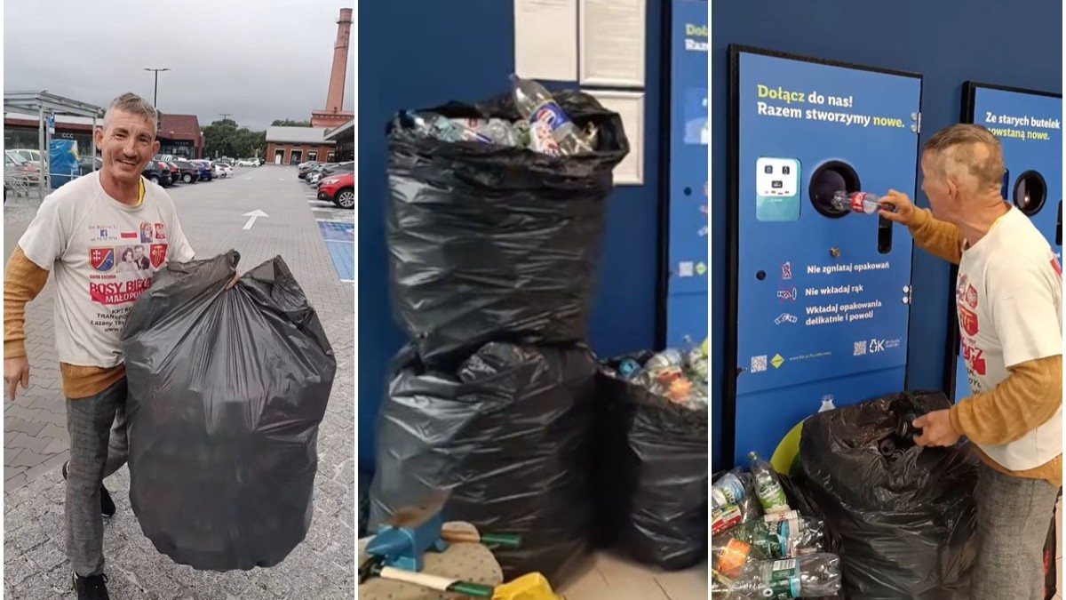 Imaginea prezintă în trei cadre un bărbat care transportă saci mari plini cu sticle de plastic și le introduce individual într-un aparat automat de reciclare.