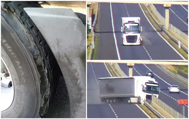 Momentul când explodează un cauciuc și camionul scapă de sub control, pe autostradă. Șofer român dat exemplu, în Ungaria | VIDEO