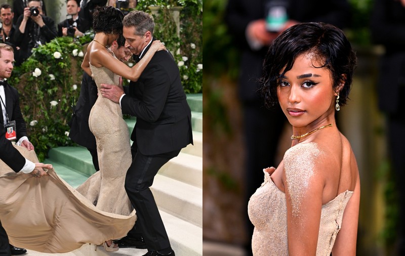 Rochia acoperită în totalitate de nisip purtată de Tyla la Met Gala 2024. Ținuta a împiedicat-o să meargă, iar cinci bărbați au purtat-o pe brațe
