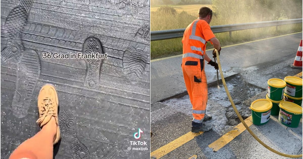 În partea stângă, o femeie care pune piciorul pe asfalt în timpul caniculei lasă urme din cauza dilatării materialului de construcție, iar în dreapta, un muncitor lucrează la repararea șoselei, în Germania, 4 iulie 2025