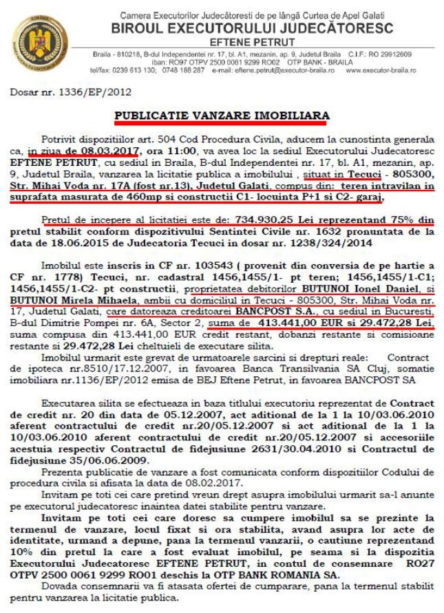 Publicatie de vanzare imobiliara (sursa: Telegraf-expres.ro)