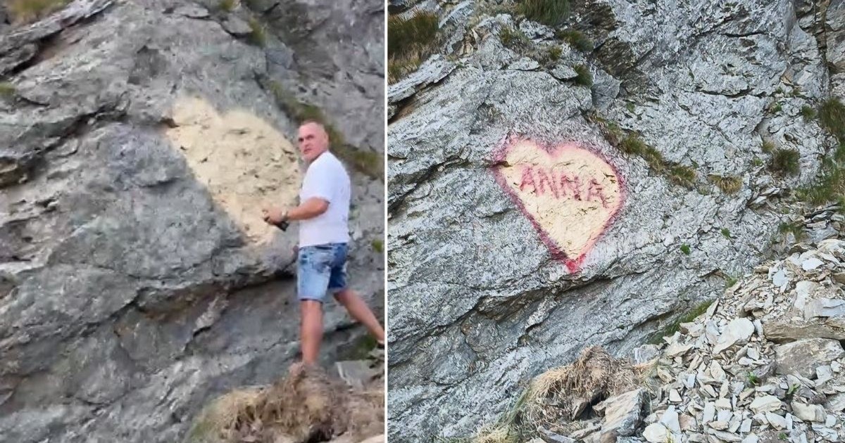 colaj foto format din două imagini: imaginea din stanga arata un turist intr-un tricou alb și pantaloni albaștri scurți de blugi, desenând cu spray pe o stâncă o inimă, și imaginea din dreapta arata inima de pe stancă, cu textul „ANNA” scris cu spray roșu în centru