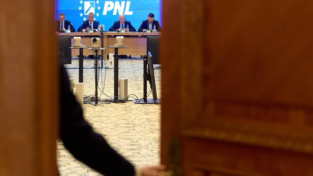 Membrii PNL, Ilie Bolojan și Ciprian Ciucu la o ședință a partidului, aceștia se văd printre ușile întredeschise ale sălii