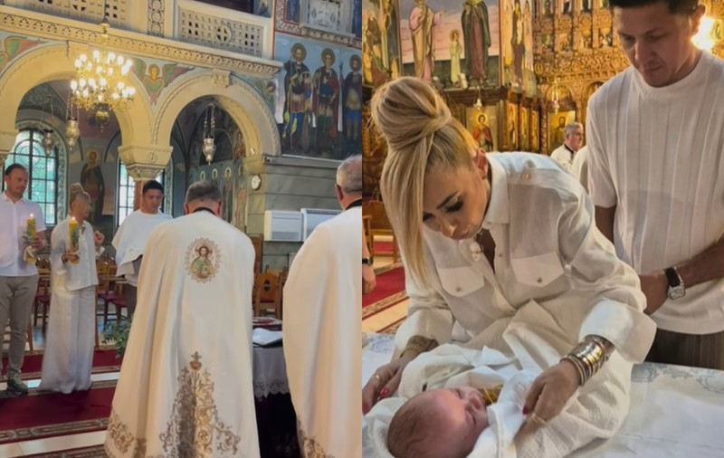 Anamaria Prodan și Ronald Gavril, în postura de nași de botez. Îmbrăcați în alb, au devenit părinții spirituali ai unui băiețel
