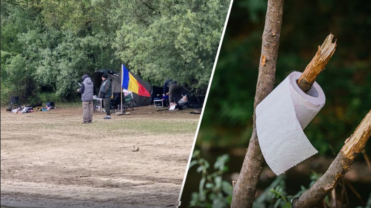 Câțiva pescari care au lângă ei steagul României, pe marginea unei bălți, iar în dreapta este un sul de hârtie igienică pus agățat de creanga unui copac, în Olanda