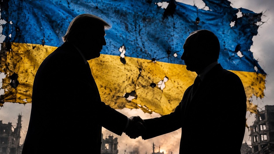 Trump este aspru criticat pentru alegerea sa de a-l favoriza Rusia. Imagine ilustrativă cu Trump și Putin dând mâna pe fundat cu steagul sfârtecat al Ucrainei Sursa foto: Profimedia