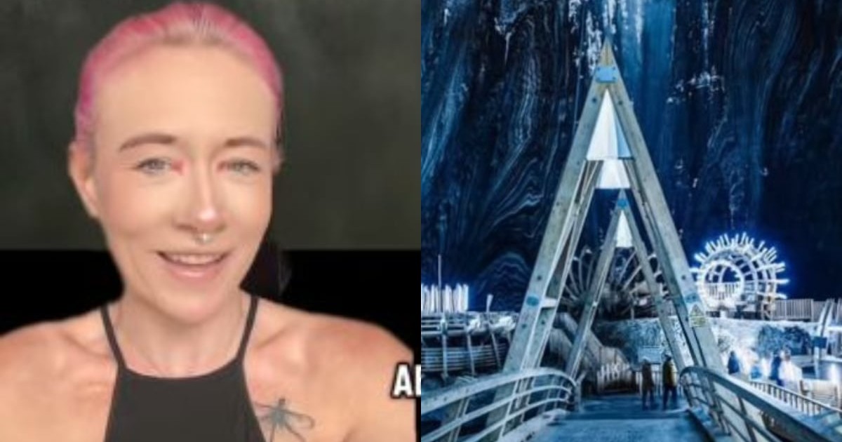 Un colaj cu două fotografii de pe TikTok, în prima imaginea este o captură cu o fată cu părul roz, iar în a doua imagine este podul din Salina Turda