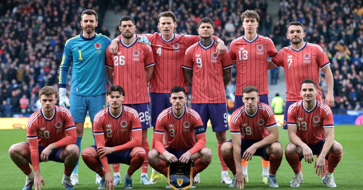 GLASGOW, SCOTLAND - MARCH 28: Players of Scotland pose for a team photograph prior to the international friendly match between Scotland and Japan at Hampden Park National Stadium on March 28, 2026 in Glasgow, Scotland. (Photo by Ian MacNicol/Getty Images)