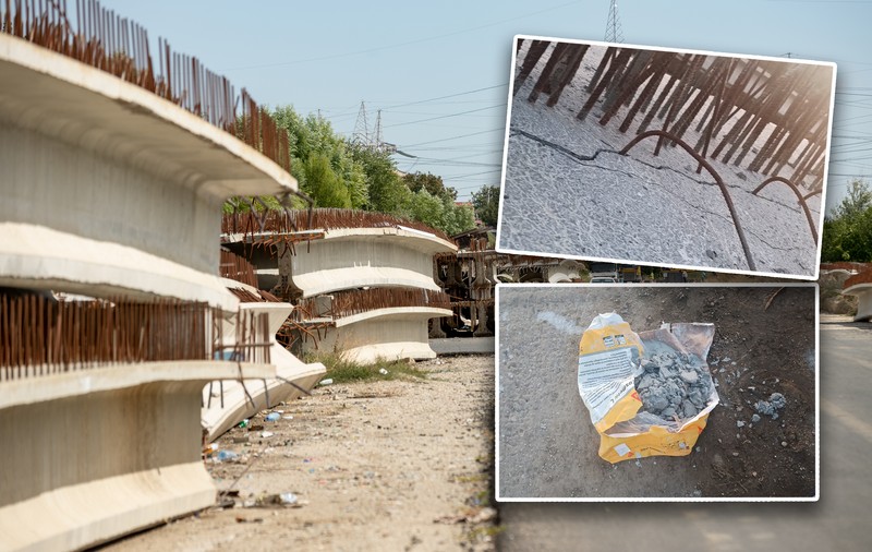 Grinzile pentru podul către A2 lăsate pe câmp de compania primarului Negoiță, pregătite să fie montate: Mortar prin crăpături și rugină scoasă cu peria de sârmă