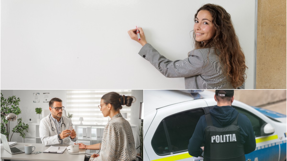 Imaginea ilustrează principalele categorii profesionale vizate de noua lege a salarizării: profesori, medici și polițiști. Fotografia sugerează schimbările salariale așteptate în sistemul public și impactul acestora asupra angajaților din domenii esențiale.