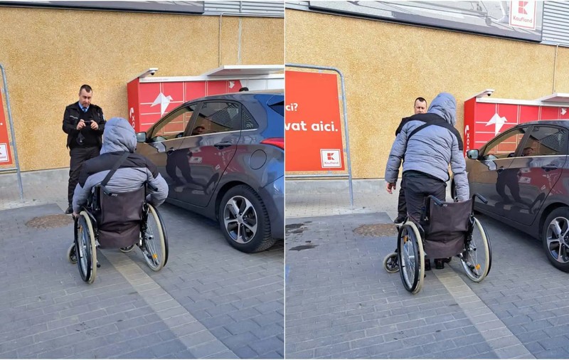 Surpriză în parcarea unui supermarket din Alba Iulia: Un bărbat care cerșea într-un scaun cu rotile, „vindecat” de Poliția Locală