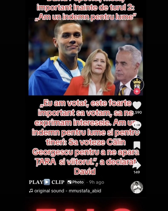 David Popovici, ținta unui fake news: Cum a ajuns pe TikTok „să voteze Călin Georgescu”. Declarația inventată a marelui campion, virală pe net