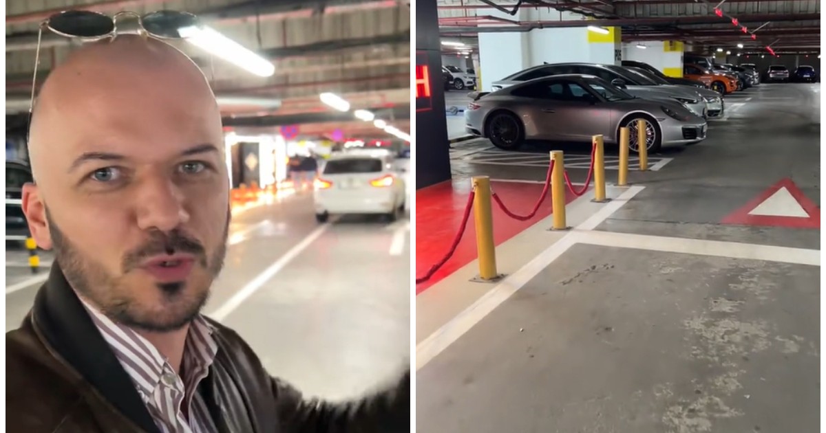 În imaginea din stânga este un bărbat care poartă ochelari pe cap și se află într-o parcare, iar în partea dreaptă sunt mașini în parcarea unui mall