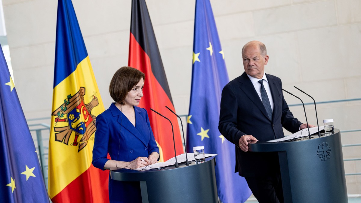 Maia Sandu și Olaf Scholz într-o conferință de presă la Berlin Foto: Hepta