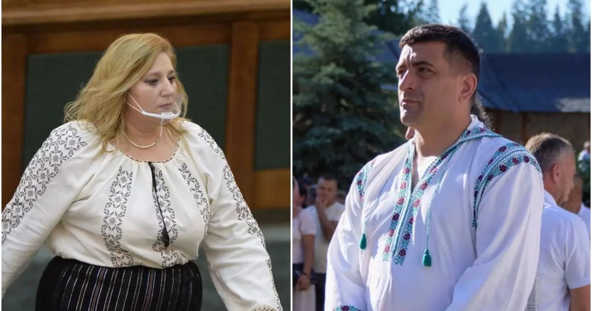Diana Șoșoacă, îmbrăcată în ie, merge prin sala Parlamentului, iar alături este George Simion, tot în ie, afară, cu oameni în jur