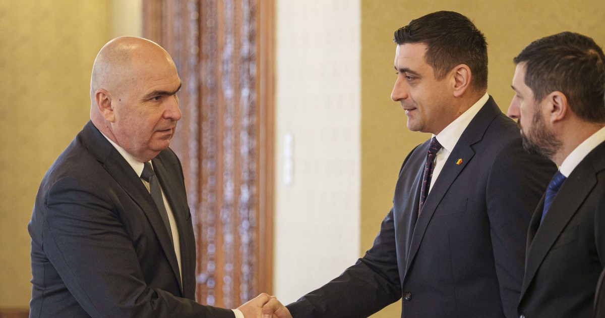 Presedintele interimar al Romaniei, Ilie Bolojan da mana cu presedintele Aliantei pentru Unirea Romanilor (AUR), George Simion inaintea unor consultari, la Palatul Cotroceni din Bucuresti, miercuri, 26 februarie 2025