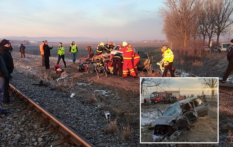 O șoferiță de 23 de ani și un băiat de 7 ani, inconștienți în mașina lovită de tren la Timișești, în Neamț