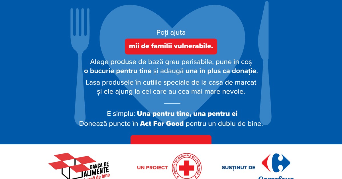 Poti ajuta mii de familii vulnerabile. Alege produse de baza greu perisabile, pune in cos o bucurie pentru tine si adauga una in plus ca donatie. Lasa produsele in cutiile speciale de la casa de marcat si ele ajung la cei care au nevoie.