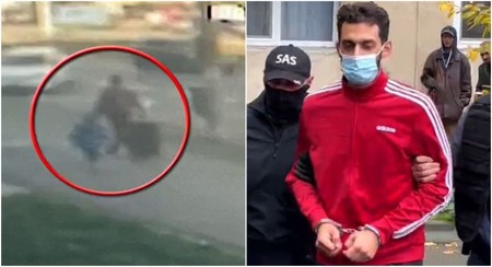 Imaginile surprinse de camerele de supraveghere, cu criminalul cărând geamantanul după el. Foto: Antena 3