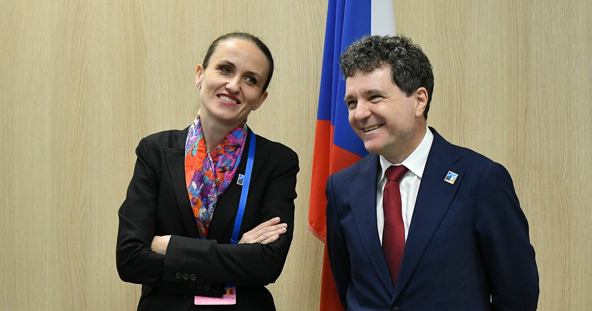 Oana Toiu, imbracata in sacou negru si o esarfa colorata la cat, cu mainile incrucisate si Nicușor Dan, imbracat in costul negru si cravata visinie, cu mainile la spate zambind la summitul NATO, 2025, Haga