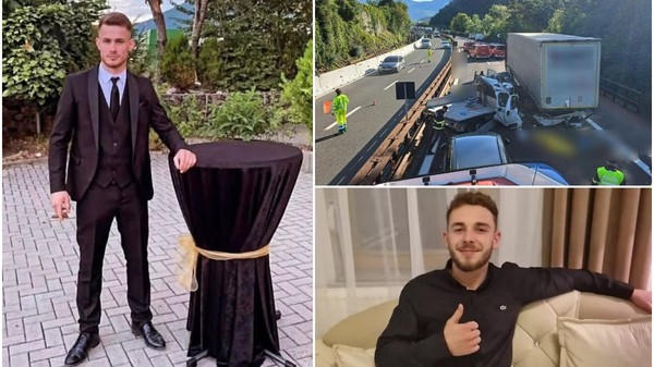 Colaj compus din trei fotografii: în stânga un tânăr elegant în costum negru lângă o masă de cocktail, un alt tânăr în dreapta jos zâmbind pe o canapea și o imagine din dreapta sus ce prezintă un grav accident rutier pe o autostradă, implicând un autotren.