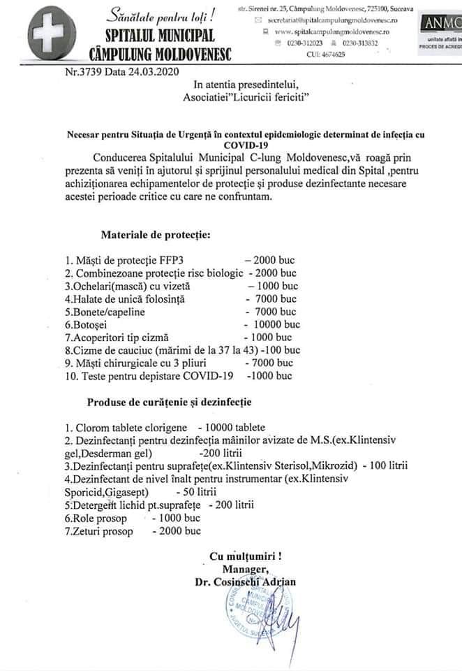 Aceasta este cererea înaintată pe 24 martie de managerul Cosinschi către Licuricii Fericiţi