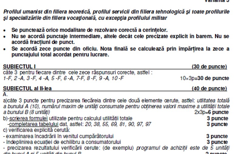 Subiecte Economie la Bac 2026. Baremul de corectare a fost publicat