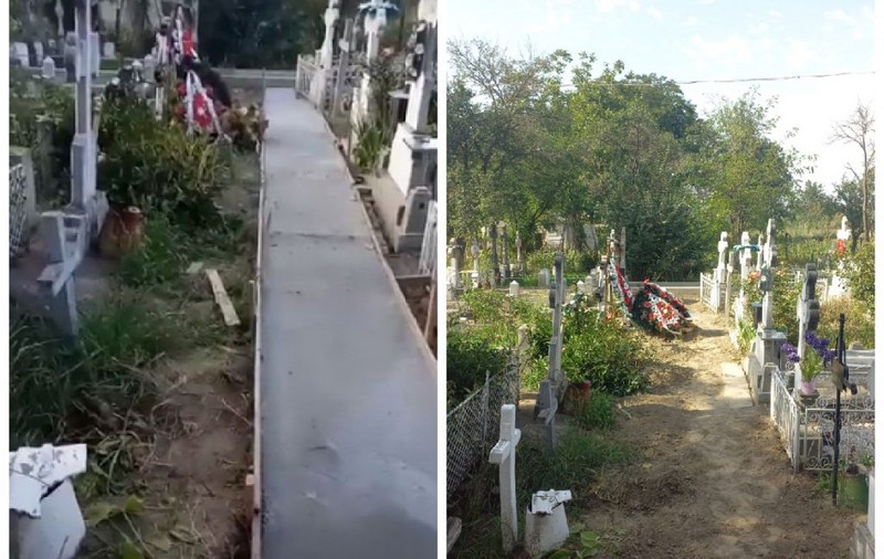 Morminte acoperite cu beton pentru a crea o alee într-un cimitir din Vrancea. „Preotul și cu oamenii lui”  | VIDEO