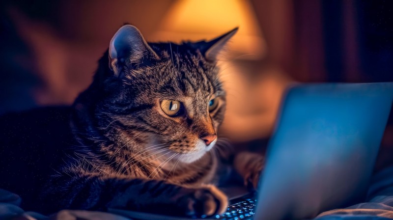 Pisică surprinsă în fața unui laptop. Foto cu caracter ilustrativ. Sursă profimedia.