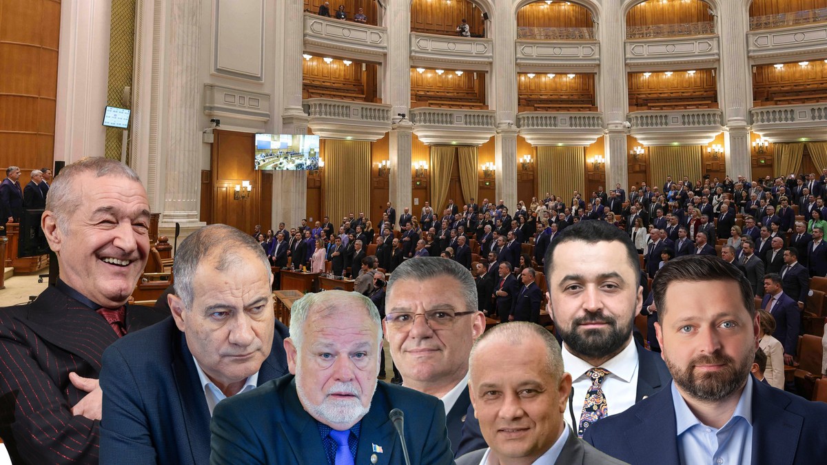 Colaj foto format din mai mulți parlamentari români, iar pe fundal plenul Parlamentului României