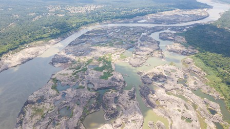 BANGKOK, July 25, 2019 Aerial photo taken on July 16, 2019 shows a view of the Mekong River in Ubon Ratchathani, Thailand. Eight provinces in north, northeast and central Thailand have been suffering severe drought as there is no signs of rain at all. . The Meteorological Department (MD) recently said Thailand is going to experience the worst drought in a decade, as average precipitation across large swaths of the country has fallen far short of the monthly average. (Credit Image: © Zhang Keren/Xinhua via ZUMA Wire)
