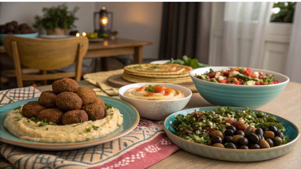 Masa de Paste cu mancare vegana. Falafel si humus, tabooleh si masline