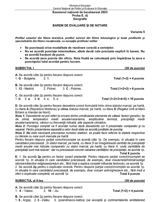 Baremul de corectare pentru proba de Geografie Bacalaureat 2023 a fost publicat