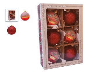 Set 6 globuri de Crăciun din sticlă Vitbis, realizate manual, 8 cm, roșii