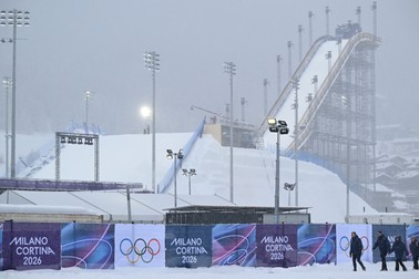 The snow-covered ramp is seen before a snowboard big air practice session ahead of the Milano Cortina 2026 Winter Olympic Games at Livigno Snow Park, in Livigno (Valtellina), on February 4, 2026.,Image: 1072038989, License: Rights-managed, Restrictions: , Model Release: no