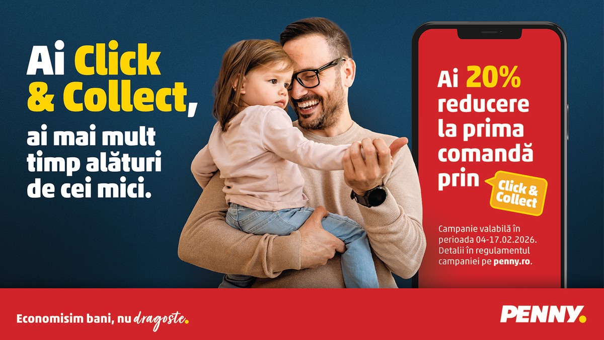 PENNY - Vizual cu un tata si fiica lui in brate avand in jurul lor scrie detalii despre serviciul Click&Collect