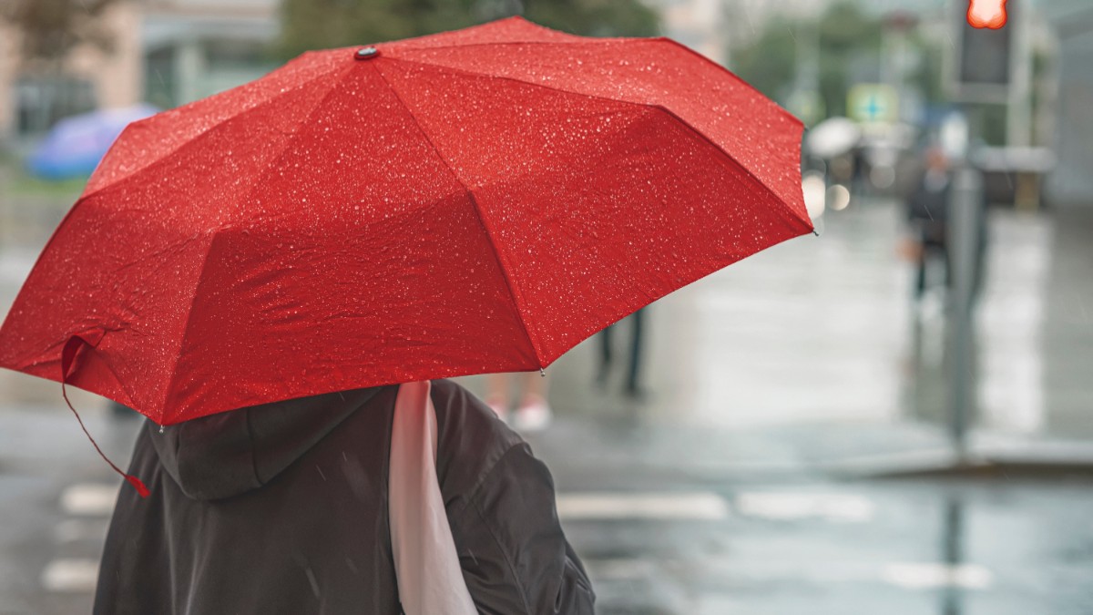 În imagine este ilustrată o femeie care ține o umbrelă roșie în mână, în timp ce așteaptă la semafor. Afară plouă