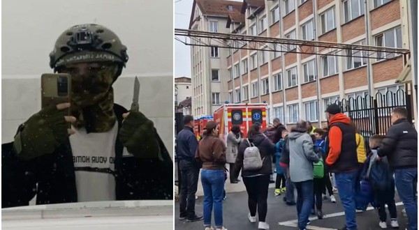 Colaj din două cadre: în stânga, o persoană care își face un selfie purtând o cască tactică militară, mască de camuflaj și ținând un cuțit, iar în dreapta, o mulțime de oameni adunați în fața unei școli lângă o ambulanță parcată.