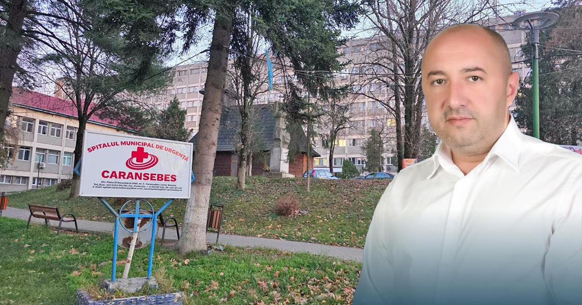 Colaj cu un barbat in camasa alba si cladirea unui spital