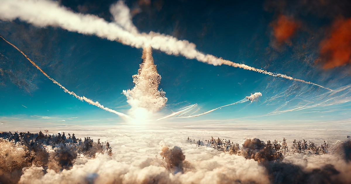 Avioane zburând deasupra norilor în timpul războiului. Vedere a norilor din spațiu. Rachetă autoghidantă lansată în spațiu. Al Treilea Război Mondial Fotografie ilustrativa