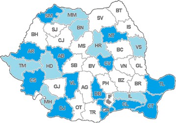În județele cu albastru închis nu mai este niciun caz Covid-19, iar în cele cu albastru deschis este înregistrat câte un singur caz
