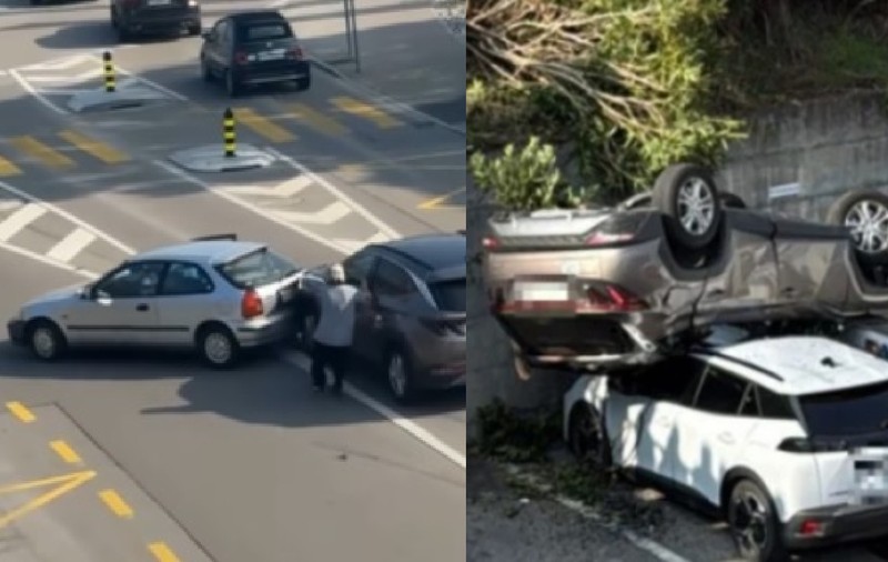 A lovit un alt vehicul, iar apoi s-a răsturnat pe o mașină parcată, în Elveția: „Ne-a lovit de mai multe ori, apoi ne-a privit cu ochi goi” | VIDEO