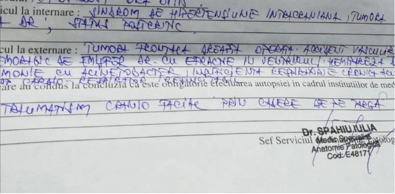 Hârtia care confirmă că pacientul a fost scăpat de pe targă