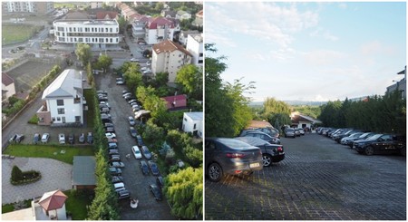 Imagine din dronă (stânga) și de jos cu parcarea restaurantului Da Vinci din Cluj, plină de mașini ale oaspeților veniți la petrecerea lui Rareș Bogdan