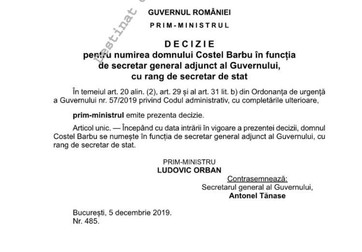 Decizia privind numirea lui Costel Barbu a apărut în Monitorul Oficial din 5 decembrie