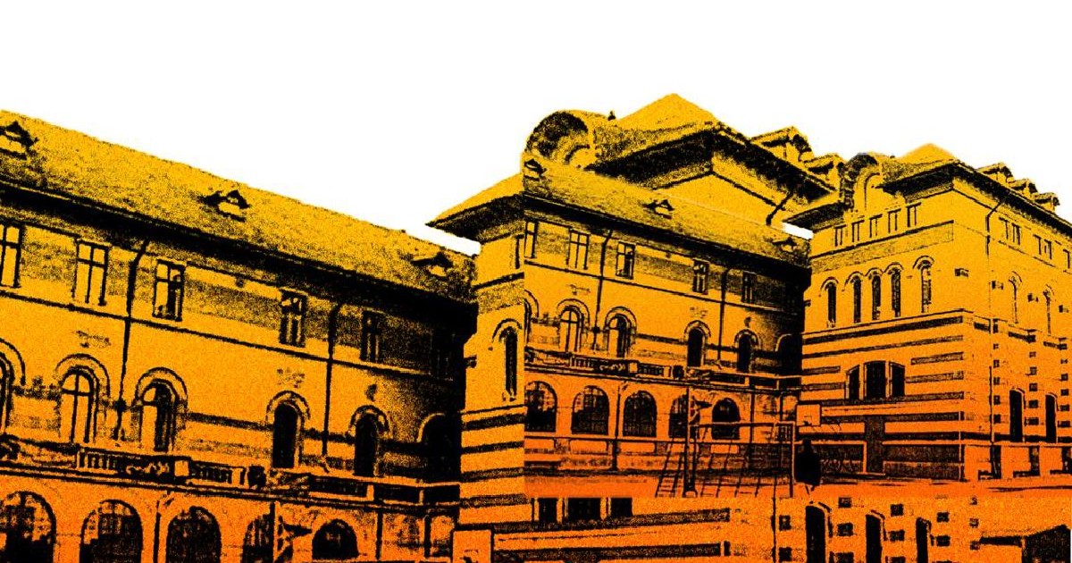 Desen cu clădirea Colegiului Mihai Viteazul din București