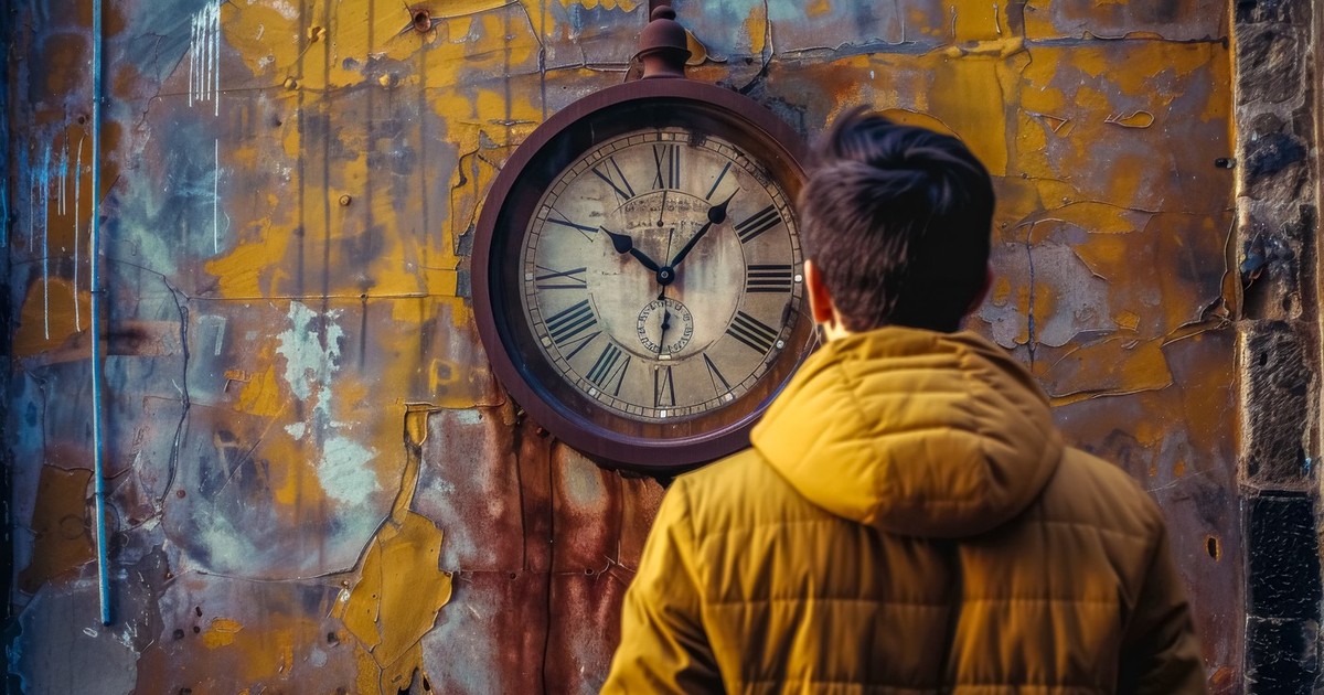 O persoană în geacă galbenă în fața unui ceas vechi montat pe un perete deteriorat
