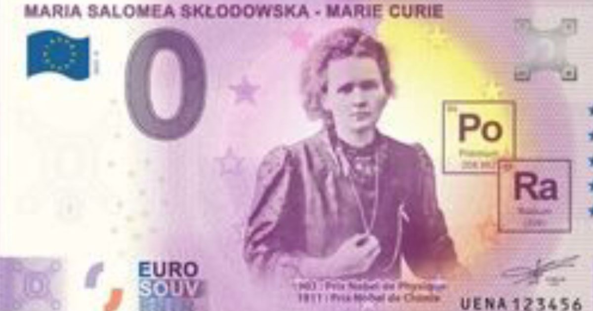 Imagine cu o bancnot[ euro, de culoare mov cu galben, cu poza renumitei Marie Curie